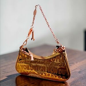 NWT Von Dutch Metallic Rose Gold Y2K Mini Hobo Shoulder Purse with Logo & Chain